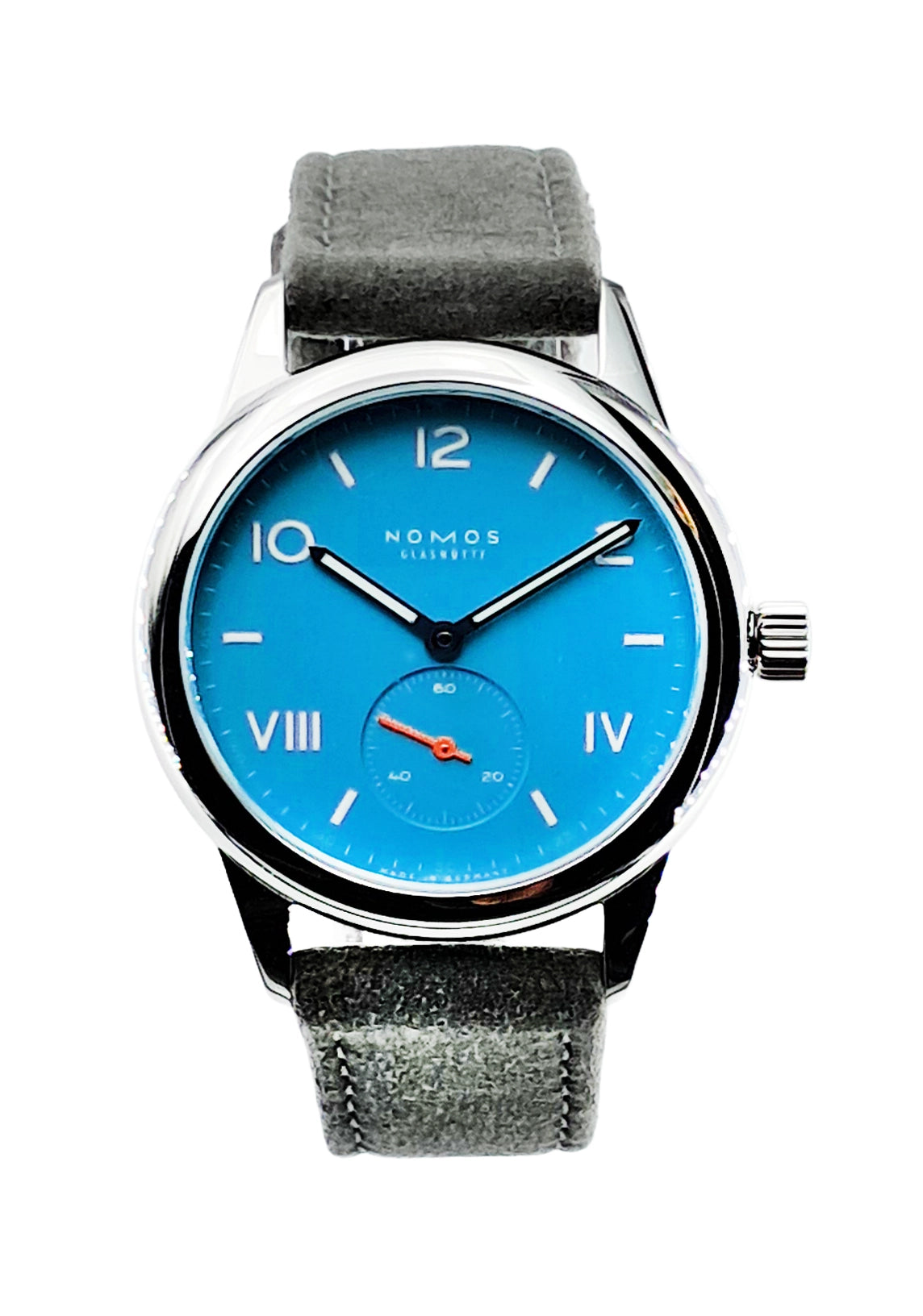 Nomos Glashütte Club met handopwinding, blauw, 36 mm