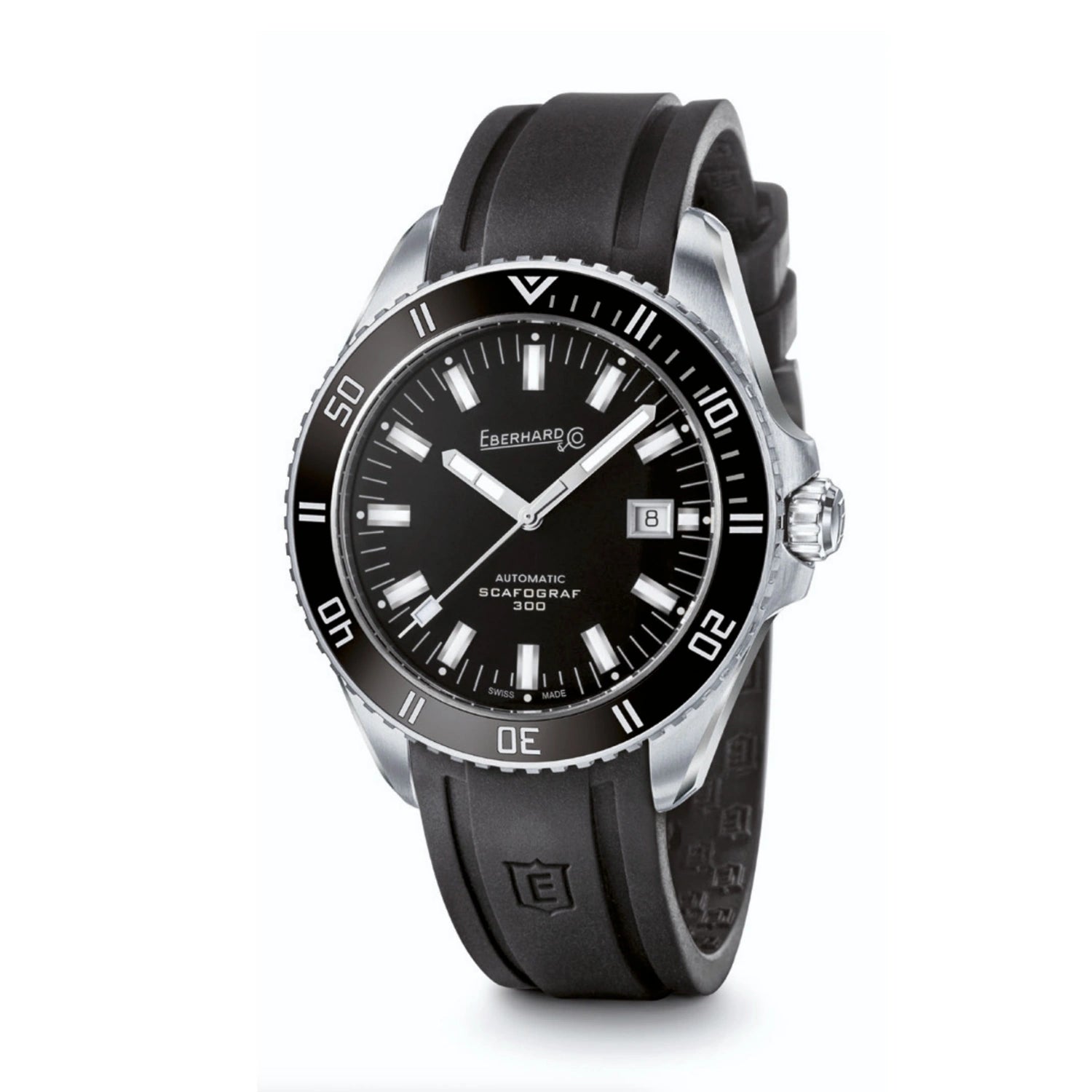 A wristwatch with a black dial, black rubber strap, and silver-tone stainless steel case, shown on a clean white background.