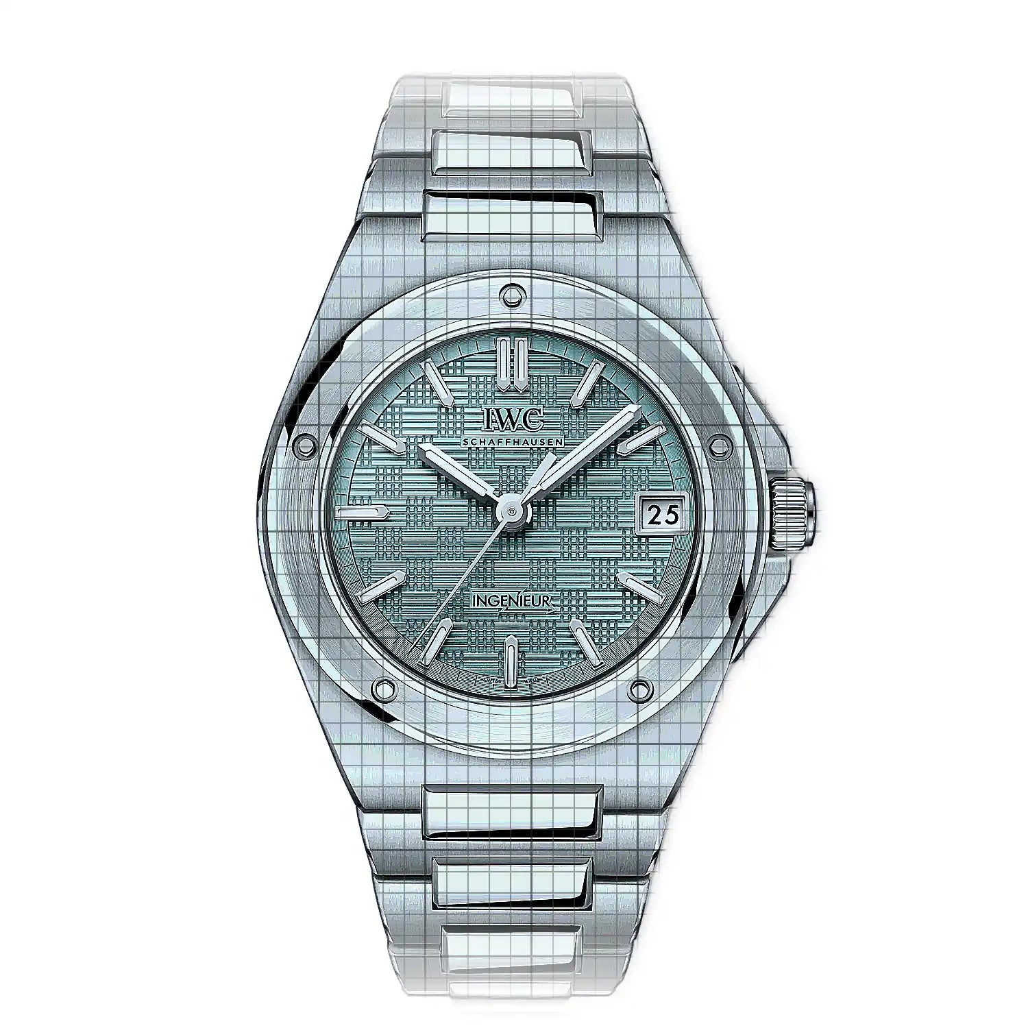 A stainless steel wristwatch with a textured light blue-green dial and matching metal bracelet, shown on a plain white background.