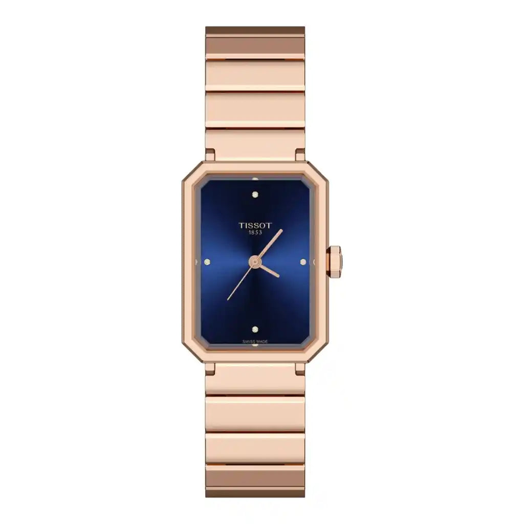 Tissot SRV T160.110.33.046.00 Uhr mit blauem Zifferblatt, Edelstahl, Roségold, PVD-beschichtet, 30,00 x 21,80 mm