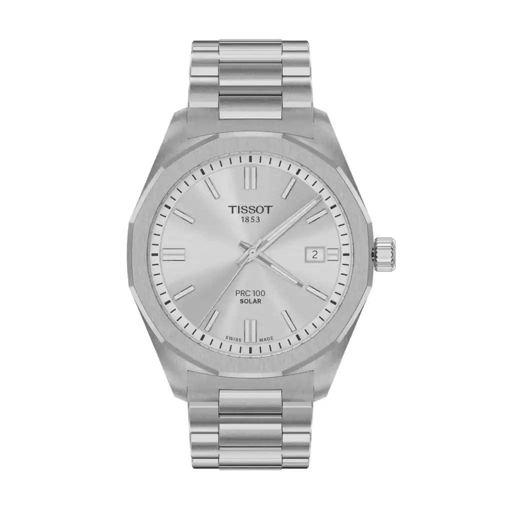 39mm Tissot T-Classic PRC 100 Solar T151.422.11.031.00, cadran argenté, acier inoxydable, 39mm