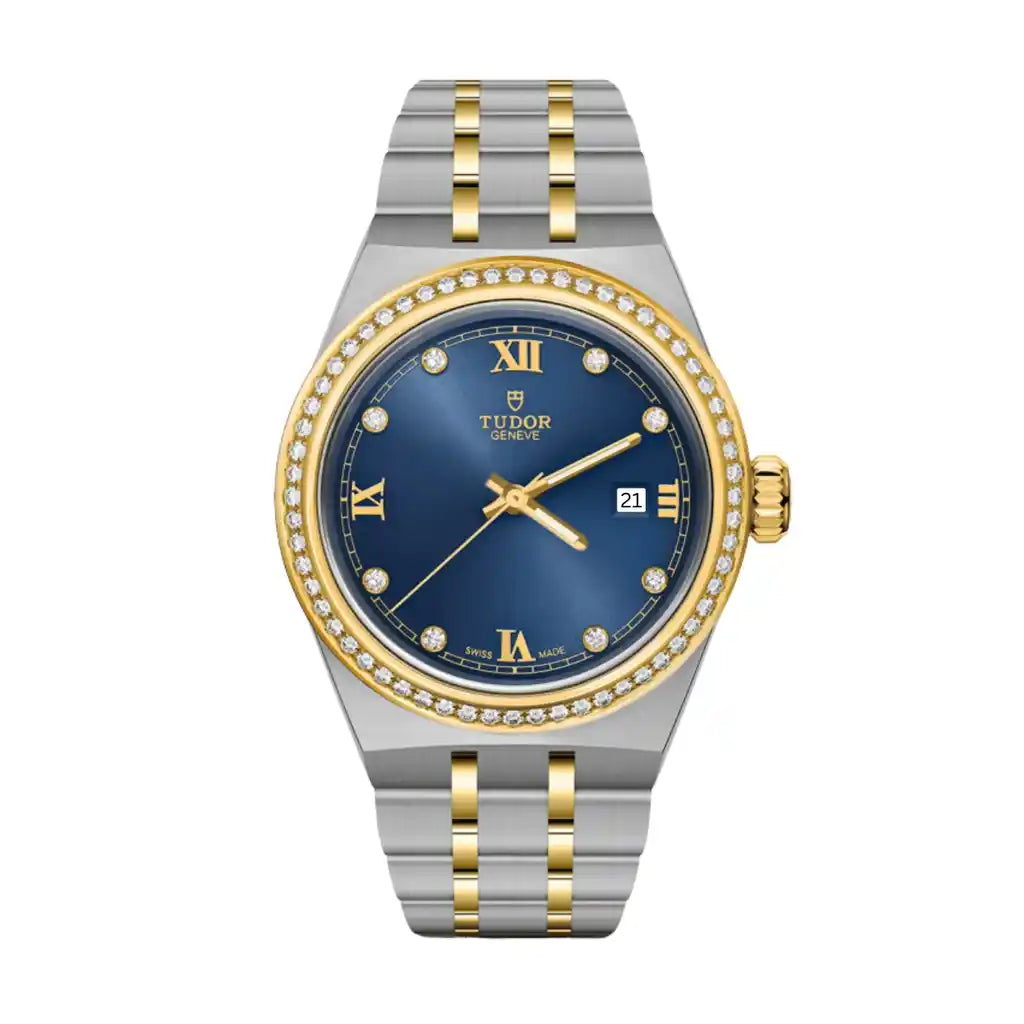 Tudor Royal M28323-0002 Horloge met blauwe wijzerplaat, roestvrij staal, geelgoud en PVD-coating, 28 mm