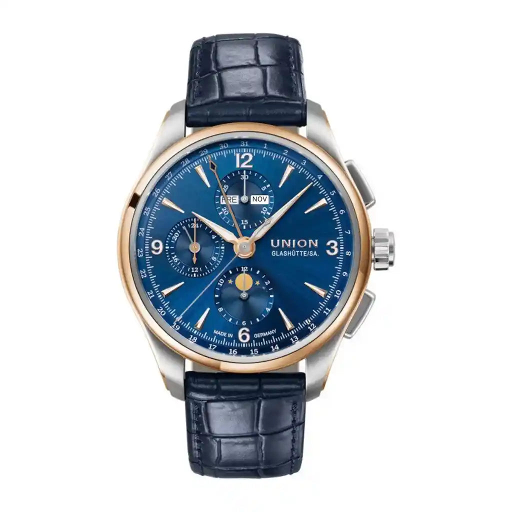Union Glashütte Belisar D907.425.46.047.01 Uhr mit blauem Zifferblatt, Roségold und Edelstahl, 42 mm