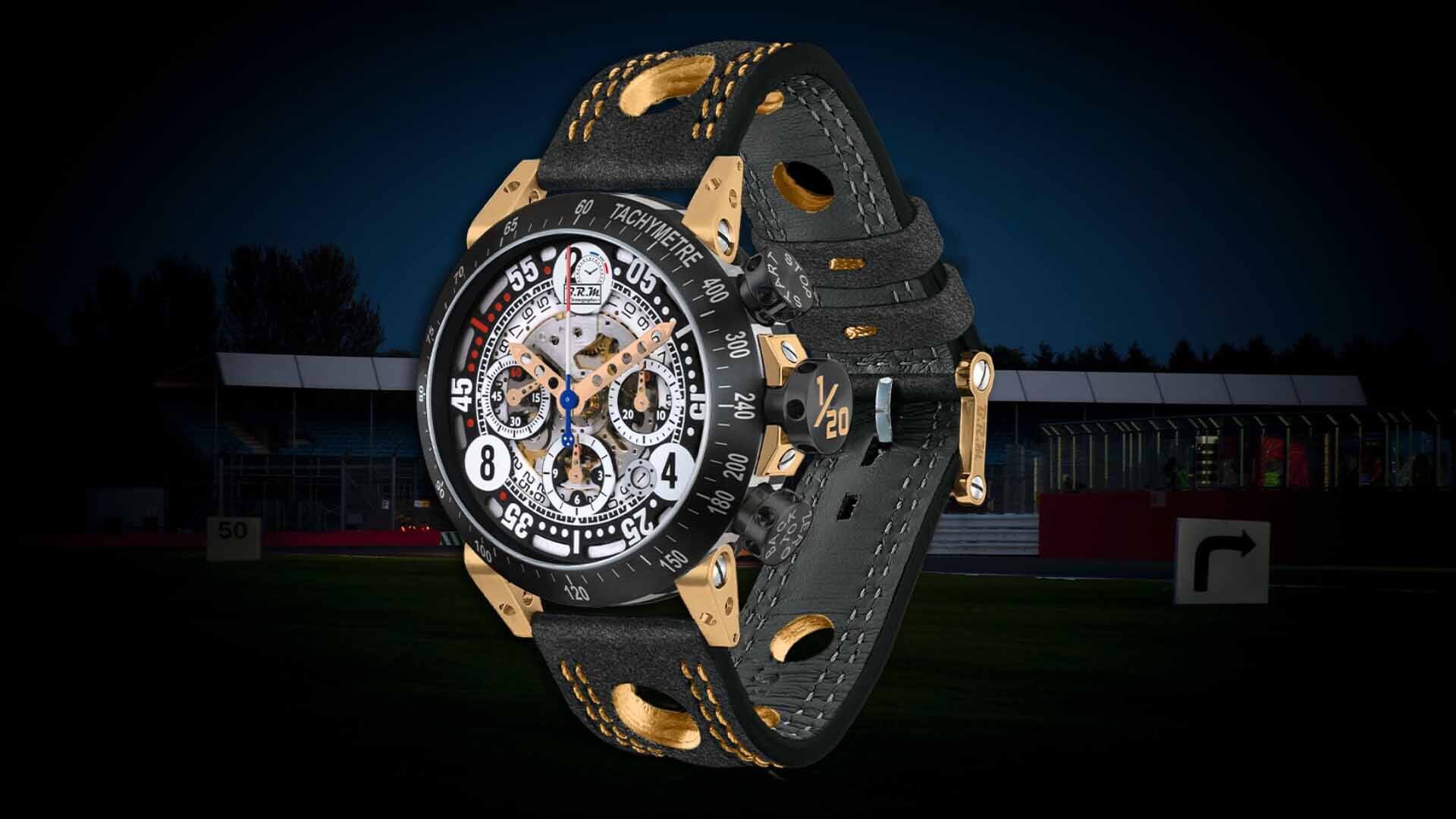 An image of a B.R.M Chronographes timepiece, on a racing track background.