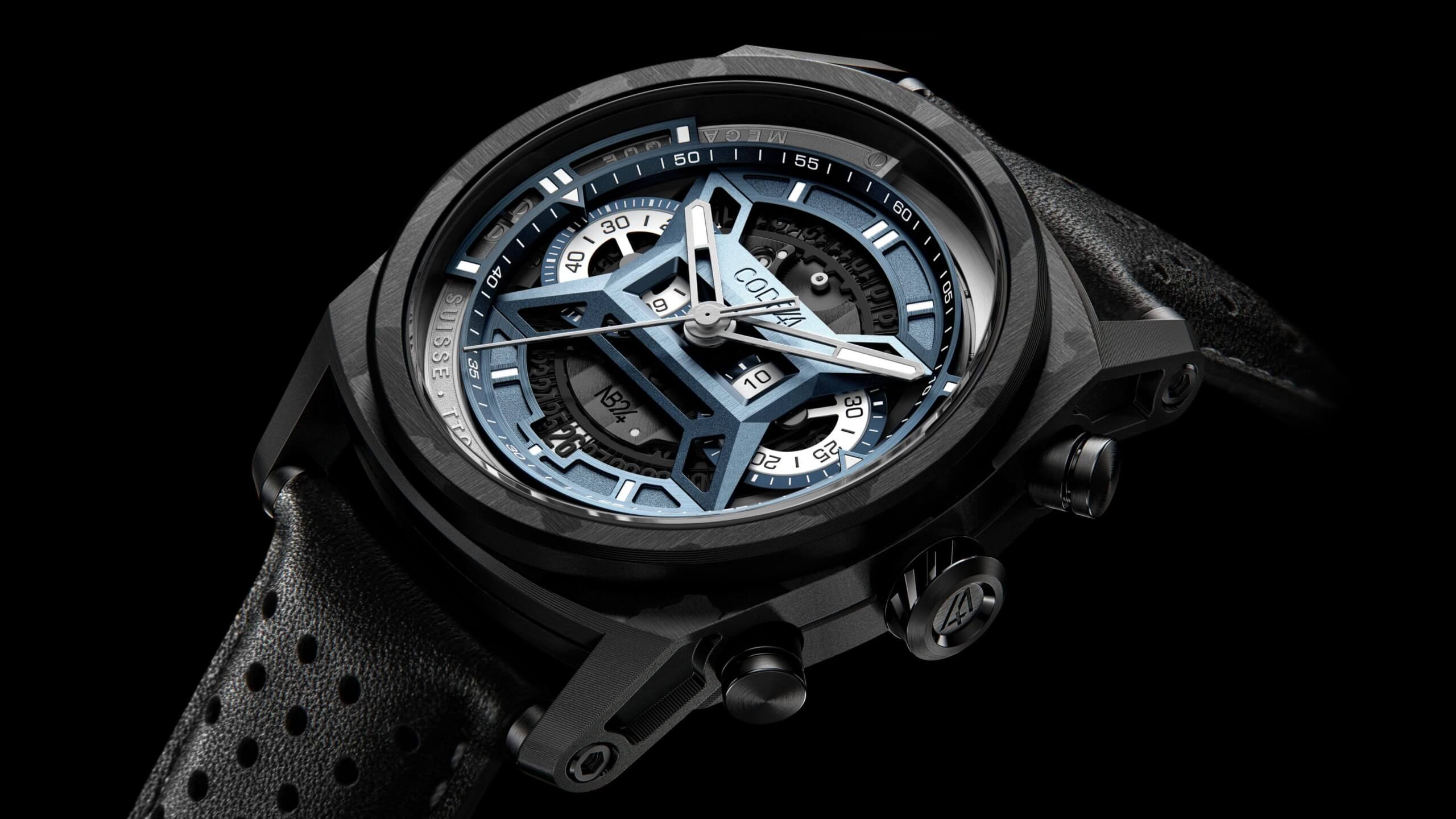 CODE41 Watch with a leather strap and a blue, skeleton dial.