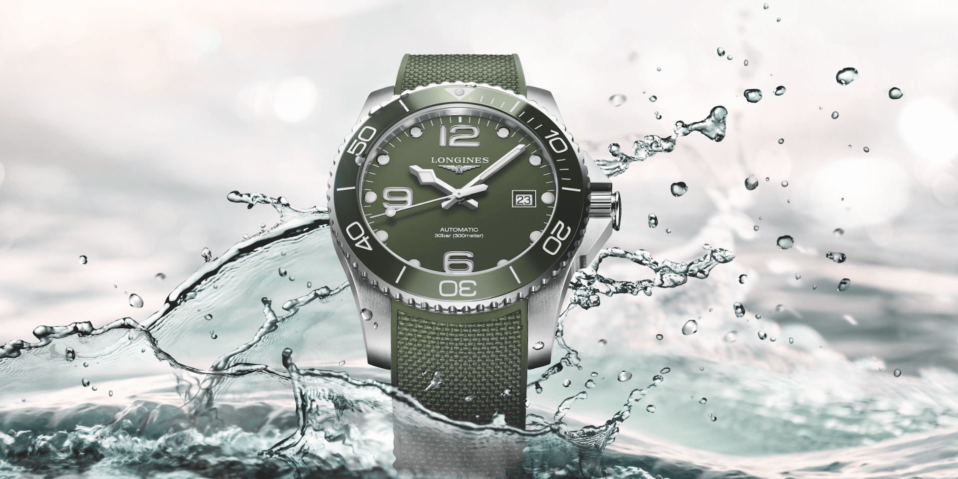 Longines HydroConquest timepiece. In khaki green.